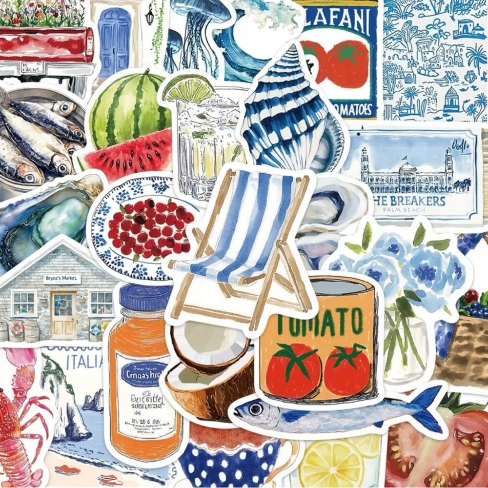Colorful Italian-Themed Stickers Set of 50 Nautical Sailing Amalfi Tomato Drinks